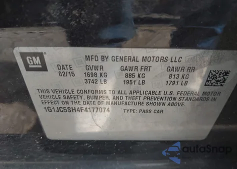 2015 Chevrolet Sonic Lt Auto from USA, damaged, VIN 1G1JC5SH4F4177074